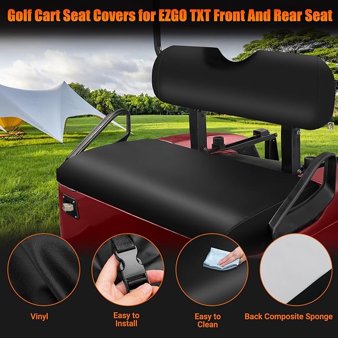 4PCS Golf Cart Seat Covers Compatible with EZGO TXT 1994-2013 Front & Aftermarket Rear Seat Kits | Waterproof Thickened PU Leather | No Staple Installation, Black
