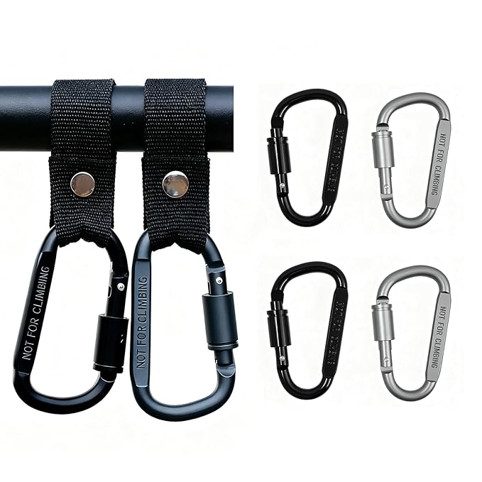 4 Pack Stroller Hooks, Carabiner Clips with Nylon Straps for Bicycle, Motorcycle, Wheelchair, Luggage, Scooter, Can be Used to Hang Diaper Bags, Helmets, Shopping Bags