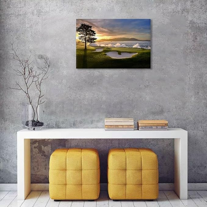 chenchenArt Pebble Beach Golf Course Wall Art Pictures Golf Course Poster Canvas Prints Golf Artwork Wall Decor for Living Room Bedroom Bathroom Home Decorations Framed Ready to Hang(24''H x 36''W)