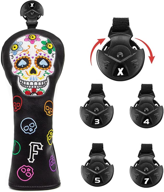 Montela Golf Club Covers,Colorful Skeleton Putter Cover Driver Covers Fairway Wood Headcover Hybrid Cover Leather Blade Putter Headcover Mallet for Brand
