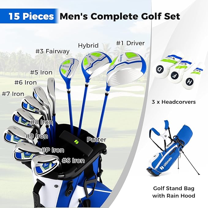 ULTIMATE 12 Pieces Men's Complete Golf Clubs Set w/Golf Stand Bag, 460cc #1 Driver, #3 Fairway, #5 Hybrid, #5#6#7#8#9#P#S Irons, Putter, Full Right-Handed Golf Set for Men