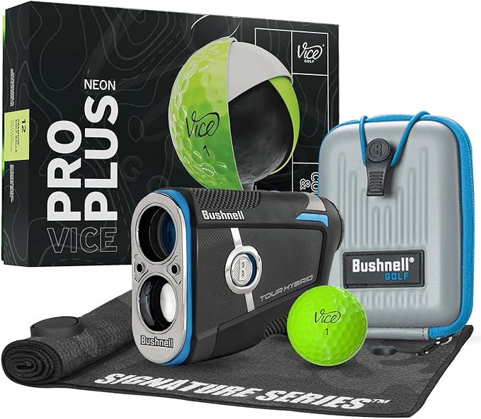Bushnell Golf Tour Hybrid GPS Laser Rangefinder with Vice Balls | Slope Compensation, Magnetic Mount, Front/Middle/Back Distance, 1300 YD Range, PinSeeker | Signature Series Golf Towel