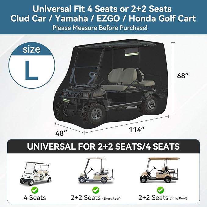 Tuszom 100% Waterproof 1200D Solution-Dyed Golf Cart Cover Universal Fit Yamaha,Honda,Club Car,EZGO and Most Brand Golf Cart for 2/2+2/4/4+2/6 Seats with Zipper Door,Storage Bag