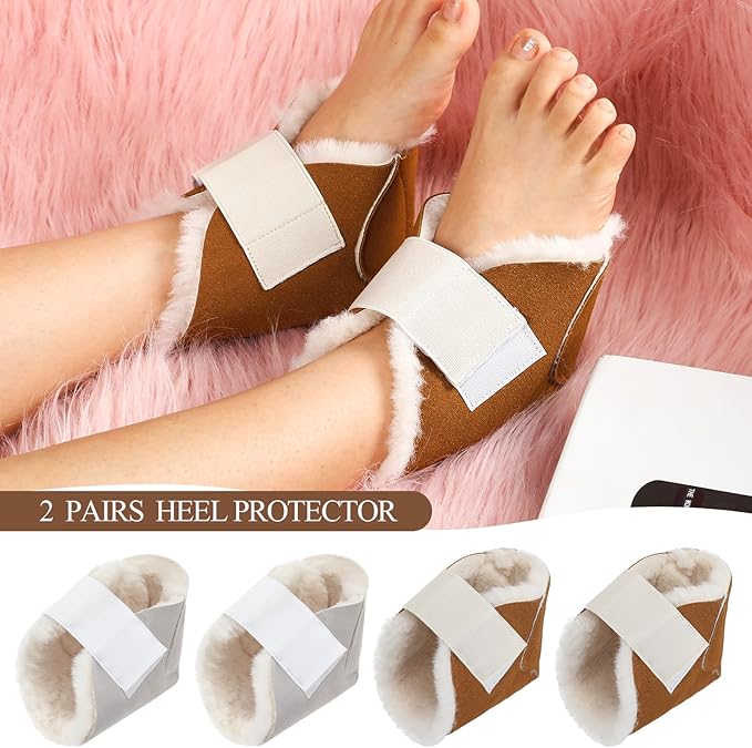 2 Pairs Heel Protector Boot Sheepskin Heel Protectors Soft Foot Cushions Pads with Securing Strap for Protect Feet Ankle Pressure Bed Sores(Beige, Brown)