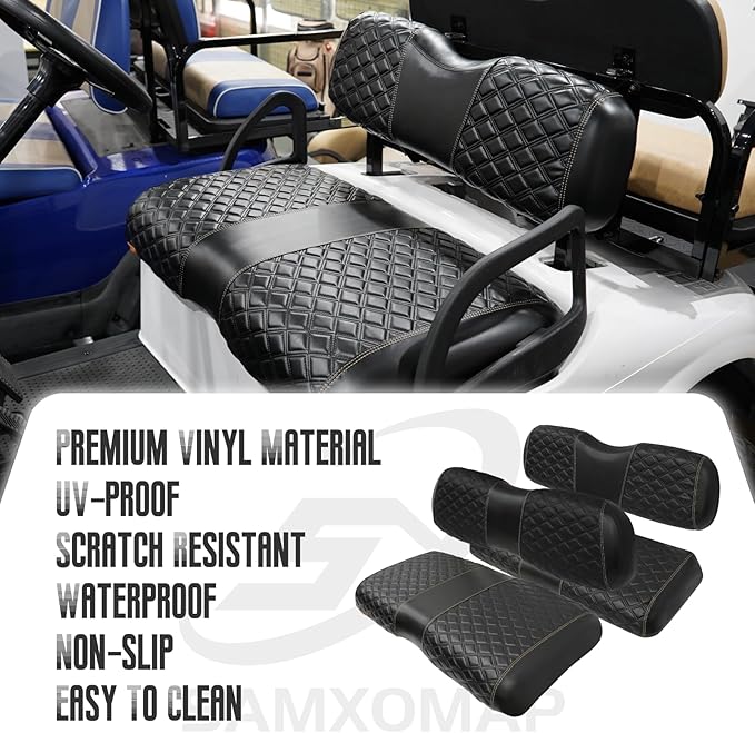 Golf Cart Front and Rear Seat Covers Waterproof and Sun Resistant Marine Grade Vinyl Leather Seat Cover Accessories for EZGO RXV 2008+, Black(4PCS)