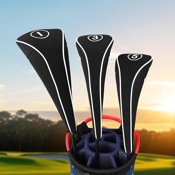 Golf Club Head Covers with Zipper - Balck Golf Club Covers for Woods and Driver Fairway Hybrids, Golf Accessories Headcovers Set