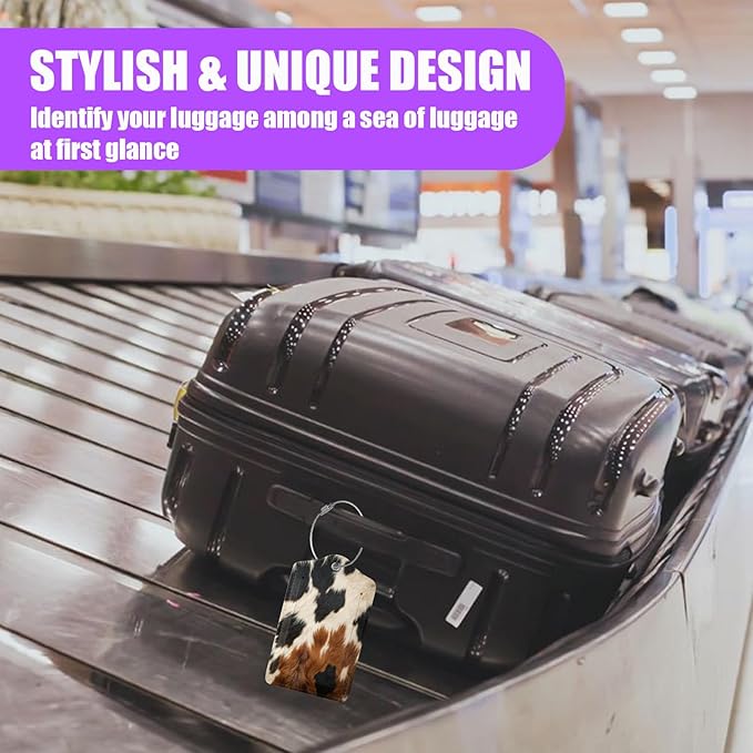 3 Pack Cowhide Brown Luggage Tags for Suitcase Animal Cow Skin PU Leather Travel Luggage Tag Privacy Cover ID Label for Women Men Baggage Backpack Handbag School Bag
