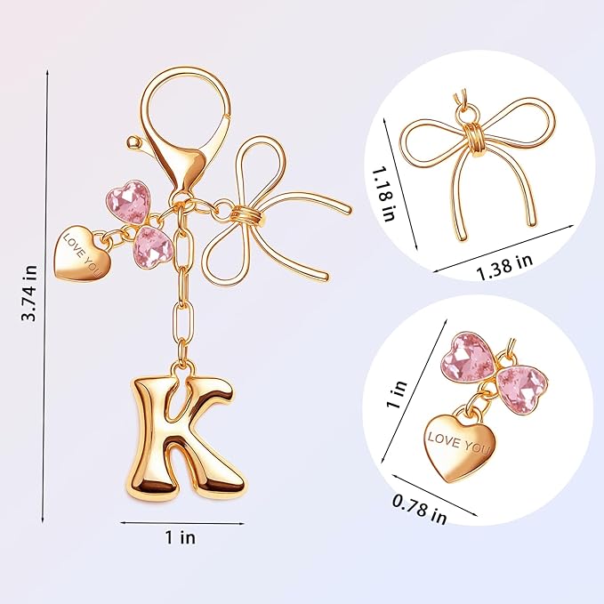Gold Bubble Initial Keychain with Bow Decoration Bag Charms for Women, Cute Purse Handbag Accessories Gift