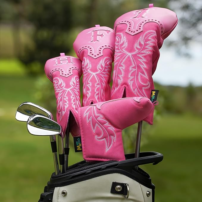 mytag Pink Golf Club Head Covers, Western Cowboy Retro Golf Headcovers with Patch & Embroidery Driver Fairway Wood Hybrids/Rescue Covers