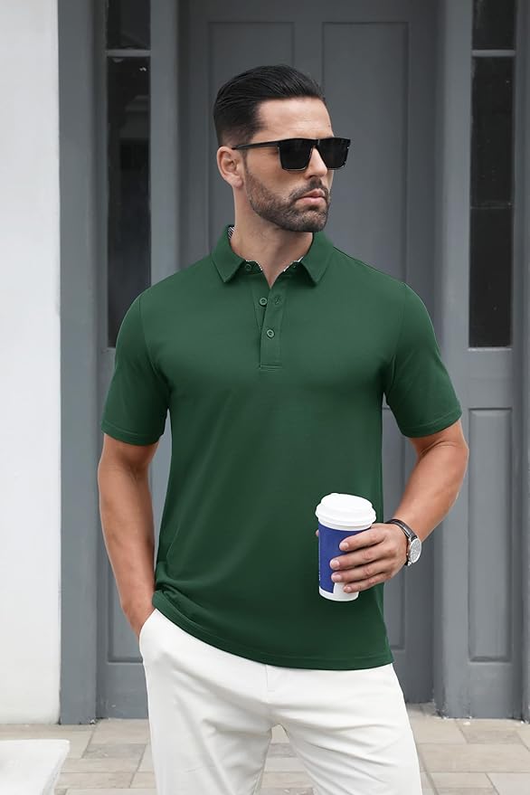 MAGCOMSEN Men's Polo Shirts Short Sleeve Cotton Pique 3 Button Classic Fit Casual T-Shirt Performance Golf Shirts