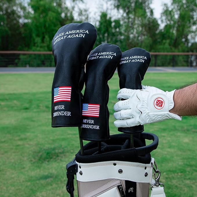 Golf Headcovers Golf Club Head Covers MAGA Style Elegant Embroidery Premium Leather Driver Fairway(FW) Wood Hybrid(UT) with Number Tags, 3 Wood Headcover Set