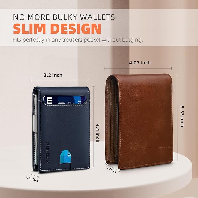 RUNBOX Money Clip Wallets for Men,Slim Leather Mens Bifold Wallet,RFID Blocking Front Pocket Wallet,Thin Credit Card Holder with Gift Box