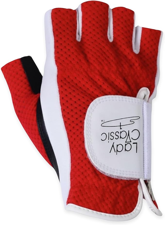 Mesh Half Golf Glove for Women – Premium Cabretta Leather Palm, Breathable Mesh Back, Half-Finger Design Ladies Golf Glove for Enhanced Grip & Comfort