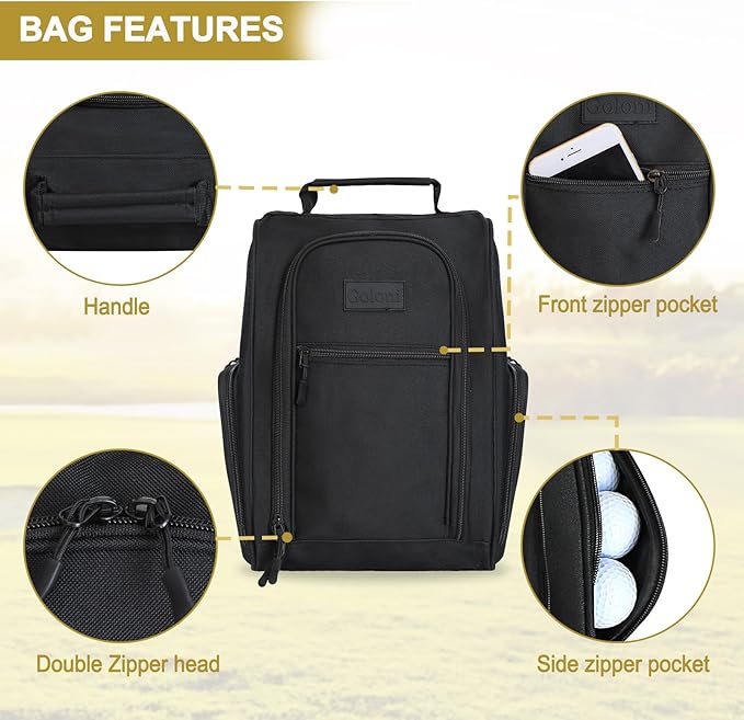 Goloni 2 Pcs Golf Shoe Bag for Men & Women, Padded Travel Shoe Bag with Side Accessory Pockets,Sport Shoe Carrier for Golf Shoes,Socks,Tees & Balls,Durable & Lightweight Design(Black)