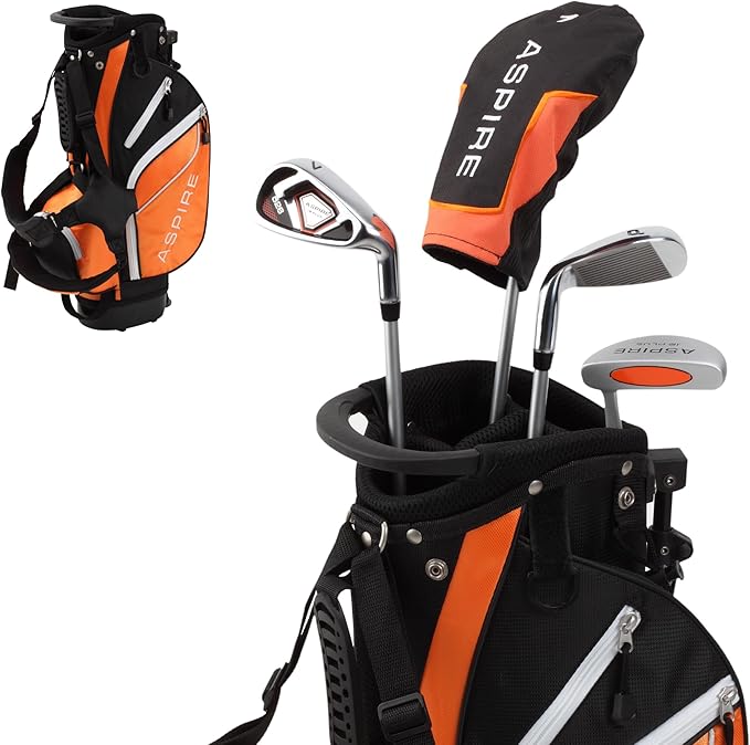 Aspire Junior Plus Kids Golf Clubs – Boys’ & Girls’ Right-Handed Golf Set with Lightweight Stand Bag, Graphite Shafts & Aircraft-Grade Aluminum Clubs