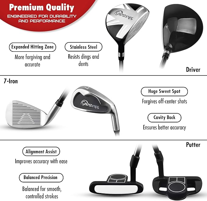 Shorties Golf - Kids Golf Club Set | Perfect for Toddler Golfers and Kids 34"-38" Tall | EasyCarry Stand Bag | Driver, 7-Iron, Putter, Headcover, and Rain Cover