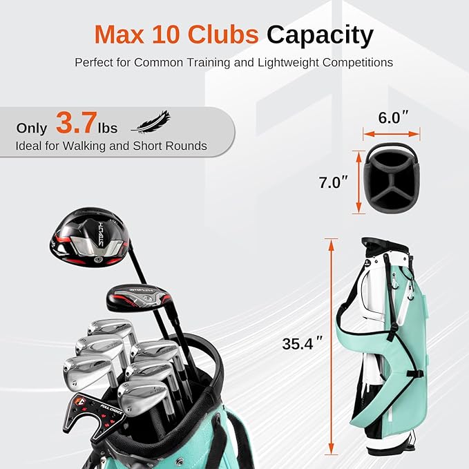 Lightweight Golf Stand Bag, 4-Way Full-Length Dividers, Holds Up to 10 Clubs, 3.7 lbs Golf Bag with Dual Straps & Stand for Driving Range, Par 3, and Standard Courses