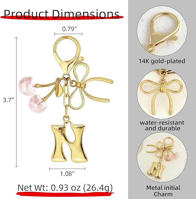 Gold Bubble Heart, Cherry, Bow & More Designs Letter Initial Keychain Bag Charms – Cute Purse Charms for Handbags