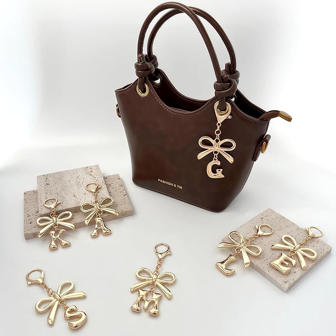 Gold Bubble Heart, Cherry, Bow & More Designs Letter Initial Keychain Bag Charms – Cute Purse Charms for Handbags