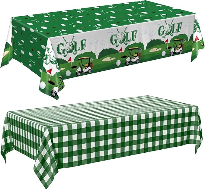 4 Pack Golf Party Tablecloths – Green Gingham Tablecloth and Golf-Themed Plastic Table Covers Disposable Tablecloths for Birthday Outdoor Party Decorations, 54 × 108 Inch