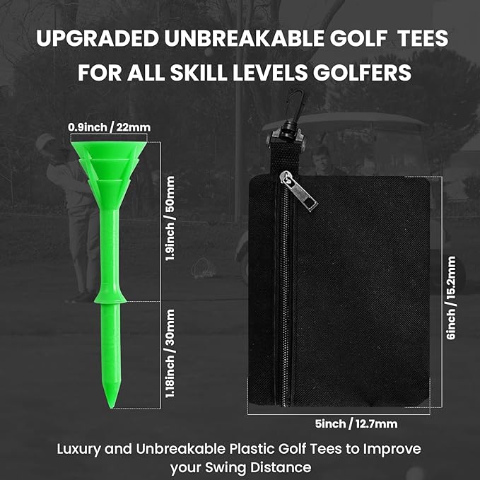 Golf Tees Plastic 3 1/4 inch Unbreakable 30 Pack with Pouch Bag, Durable Stable Available 83 mm Long Tee for Golfer Practice