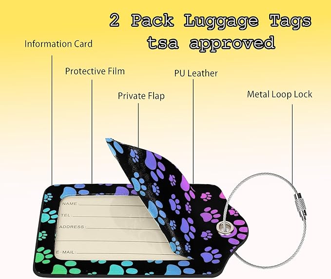2 Pcs Luggage Tags for Suitcases Dog Paw Print PU Leather Cruise Ship Luggage Tags with Privacy Cover Label Address Card and Durable Metal Ring Suitable for Men Women Handbags Backpacks