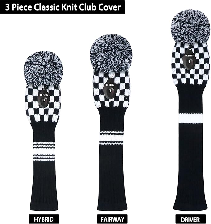 LeFeng 1Pcs Golf Club Cover, Knitted Golf Head Cover for 460cc Driver Fairway Woods and Hybrid with Cute Pom Pom and Number Tag