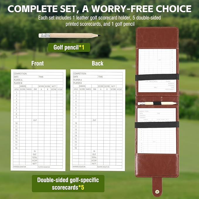 Archerest Magnetic Golf Scorecard Holder, 7.48" x 4.33" Premium Leather Yardage Book Cover Golf with A Pencil and Five Double Sided Printed Scorecards, Golf Accessories and Scorecard Book