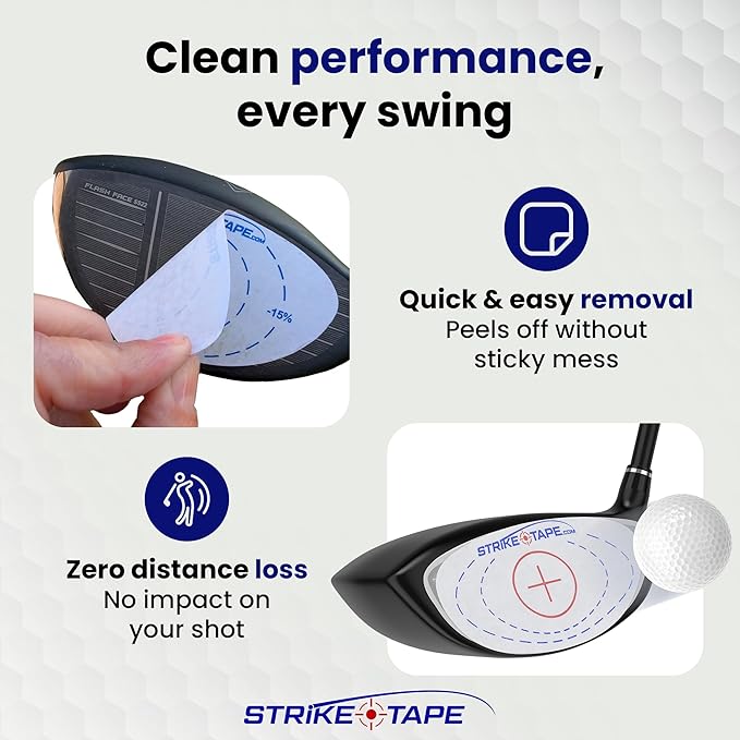 Strike tape golf impact tape Rght/Left hand USA Mfg. 720 impacts, Driver/Irons/Hybrids. Absolute clean-release adhesive for no harmful residue on clubface. Know your ball contact and improve your game