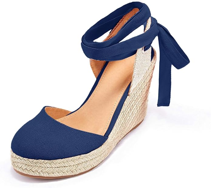 FISACE Womens Summer Espadrille Heel Platform Wedge Sandals Ankle Buckle Strap Closed Toe Shoes
