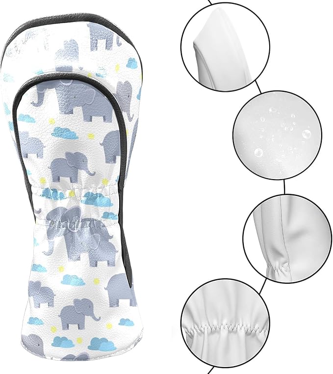 Golf Club Head Cover Waterproof Leather Golf Club Covers for Driver & Fairway Wood, Driver Headcovers Elephant White Cute