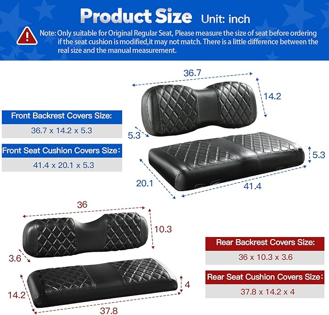 NOKINS 4PCS Golf Cart Seat Covers Kit, Front and Rear Seat Covers Fits YAMAHA/G29/Drive2 Standard Seat Cushion, Yamaha Vinyl Diamond Replacement Seat Covers, No Stapler(Black&Black Stitch)