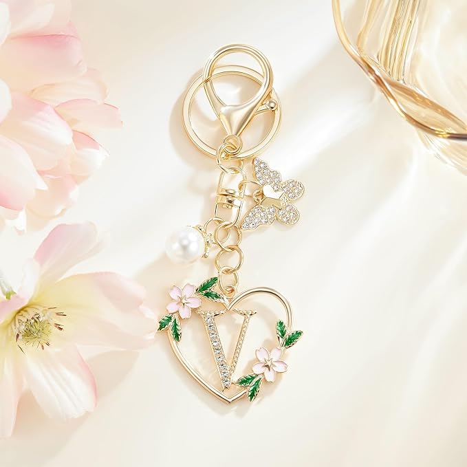 Gold Heart Initial Letter Keychain for Women Key chain Keyring for Purse Handbags Backpack Charm