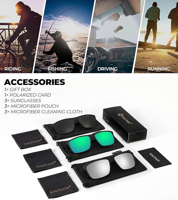 KALIYADI Polarized Sunglasses for Men and Women, Mens Sun Glasses with UV Protection for Driving Fishing Golf (3 Packs)