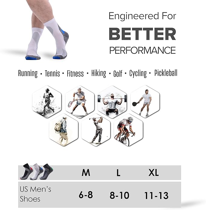 Tactia Full Cushion Compression Socks Men, Coolmax No-Blister Wicking Padded Heel, Quarter Socks for Tennis Golf Hiking Work