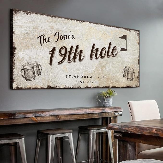 TAILORED CANVASES Golf Art Decor - Personalized Vintage Golf Wall Art Sign for Man Cave, Bedroom, Basement, Home Bar and Custom Gift for Husband, Dad, Wedding & Anniversary - 19th Hole Sign, 20"x10"