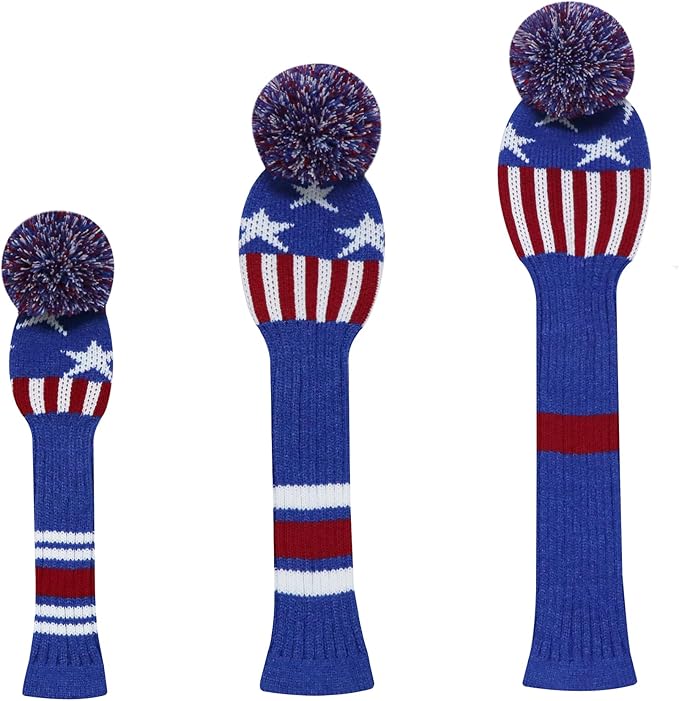 LeFeng 1Pcs Golf Club Cover, Knitted Golf Head Cover for 460cc Driver Fairway Woods and Hybrid with Cute Pom Pom and Number Tag