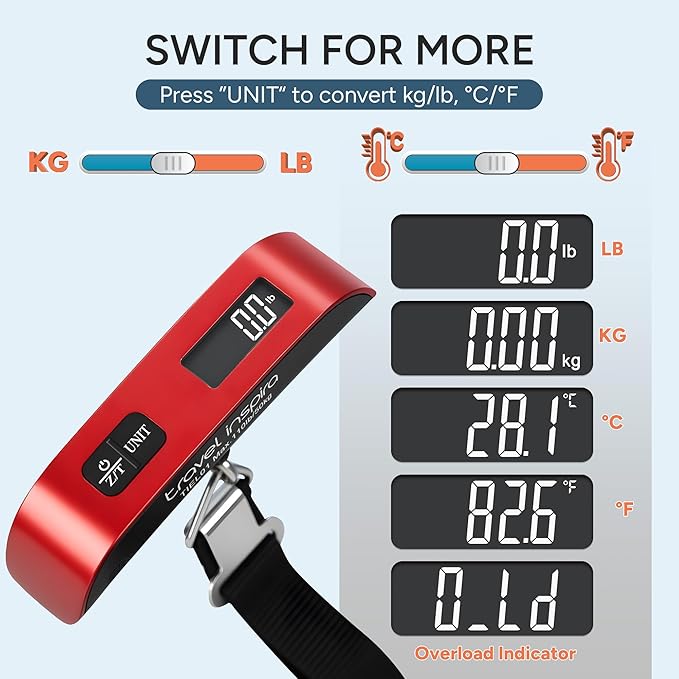 travel inspira Luggage Scale, Portable Digital Hanging Baggage Scale for Travel, Suitcase Weight Scale with Rubber Paint, 110 Pounds, Battery Included