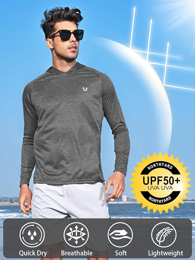 NORTHYARD Men's UPF 50+ Hoodie Shirts Long Sleeve Sun Protection Fishing Swim Beach UV SPF Rash Guard Quick Dry Lightweight