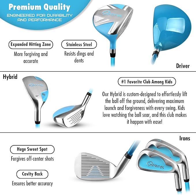Shorties Golf - Kids Golf Club Set | Perfect for Toddler Golfers and Kids 34"-38" Tall | EasyCarry Stand Bag | Driver, 7-Iron, Putter, Headcover, and Rain Cover