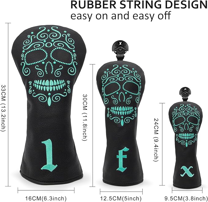 Black Golf Club Covers Skull Embroidery Driver Headcover Fairway 3 Wood Headcover Hybrid Headcover for Your Selection fits for All Brands