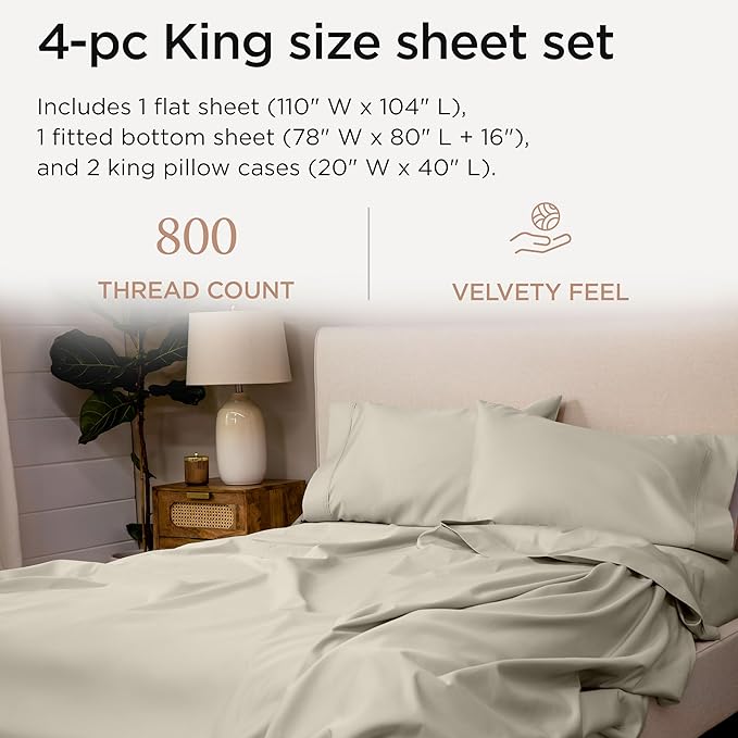 Threadmill King Size Sheets | 800 Thread Count King Bed Sheets Set for King Mattress 16” Deep Pocket | Sateen Weave, Better Than Egyptian Cotton, 4-Piece Bedding Set with Cooling Effect | Taupe