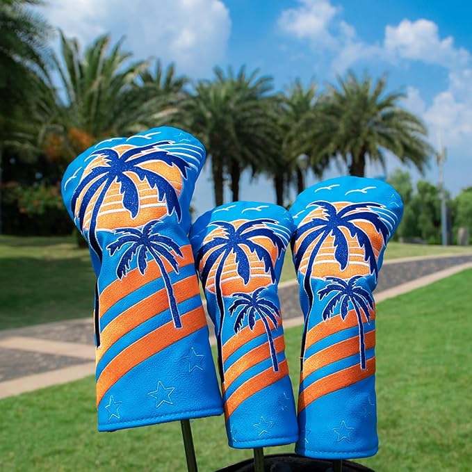 Montela Golf Club Covers Summer Coconut Tree Golf Putter Cover Driver Cover Fariway Wood Headcover Hybrid Covers Mallet Putter Headcover Blade Golf Headcover for Most Brand