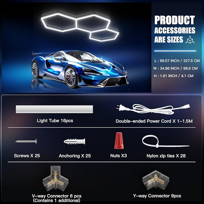 JTT Hexagon Garage Lights,16Pack 128W LED Garage Hexagon Lights,3 Grids 6500K Super Bright Car Detailing Ceiling LED Shop Light for Warehouse Workshop Gym Exhibition Hall Basement Car Care