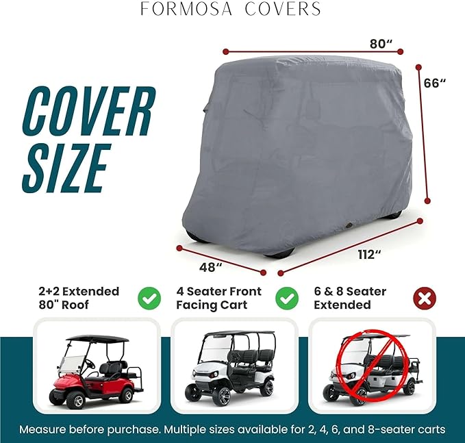 Formosa Covers Deluxe Golf Cart Cover 4 Passenger Extended Roof Premium Golf Cart Accessories All Weather fits 80" Roof 112" L Body EZGO, Club Car, Evolution, Yamaha G, GEM e2 - Grey