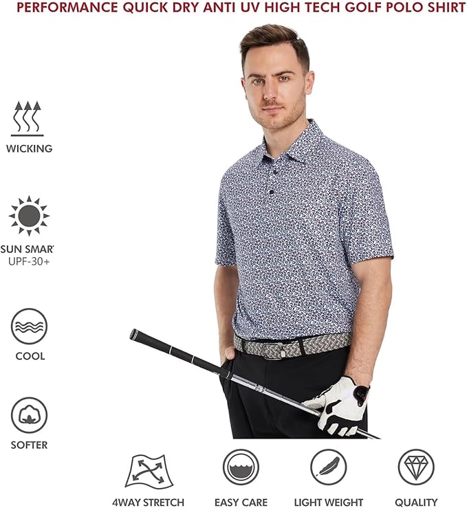 Golf Shirts for Men Dry Fit Short Sleeve Print Performance Moisture Wicking Polo Shirt