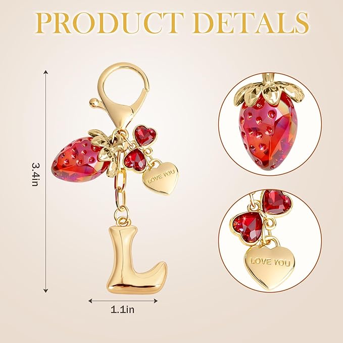 Snycler Bubble Initial Keychain with Strawberry & Bow- Gold Letter Bag Charms for Women, Cute Purse Handbag Accessories