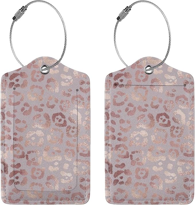 Gold Leopard Print Luggage Tags Set of 2 Leather Stainless Steel Loop Label Tag for Travel Bag Suitcase