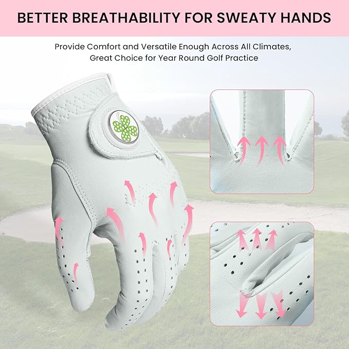 Golf Gloves Women All Premium Cabretta Leather 1 Pair with Ball Marker, Soft Comfortable & All Weather Grip Glove for Right Handed Golfer, Serious Feel Fit Size Small Medium Large XL