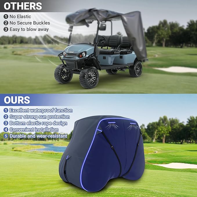 Golf Cart Cover Suitable 2+2/4 Passenger for Yamaha/EZGO Club Cart Heavy Duty 420D Waterproof Windproof Golf Cart Cover All-Weather Protection with Zipper Door Blue/Gray